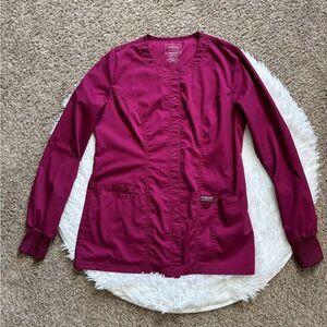 Cherokee Scrub‎ Jacket Snap Front Burgundy Medical Long Sleeve Womens Size XS